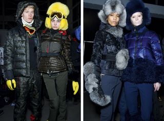 Two models wearing black winter ski clothes, yellow gloves and fur hat and grey gloves with grey fur hat