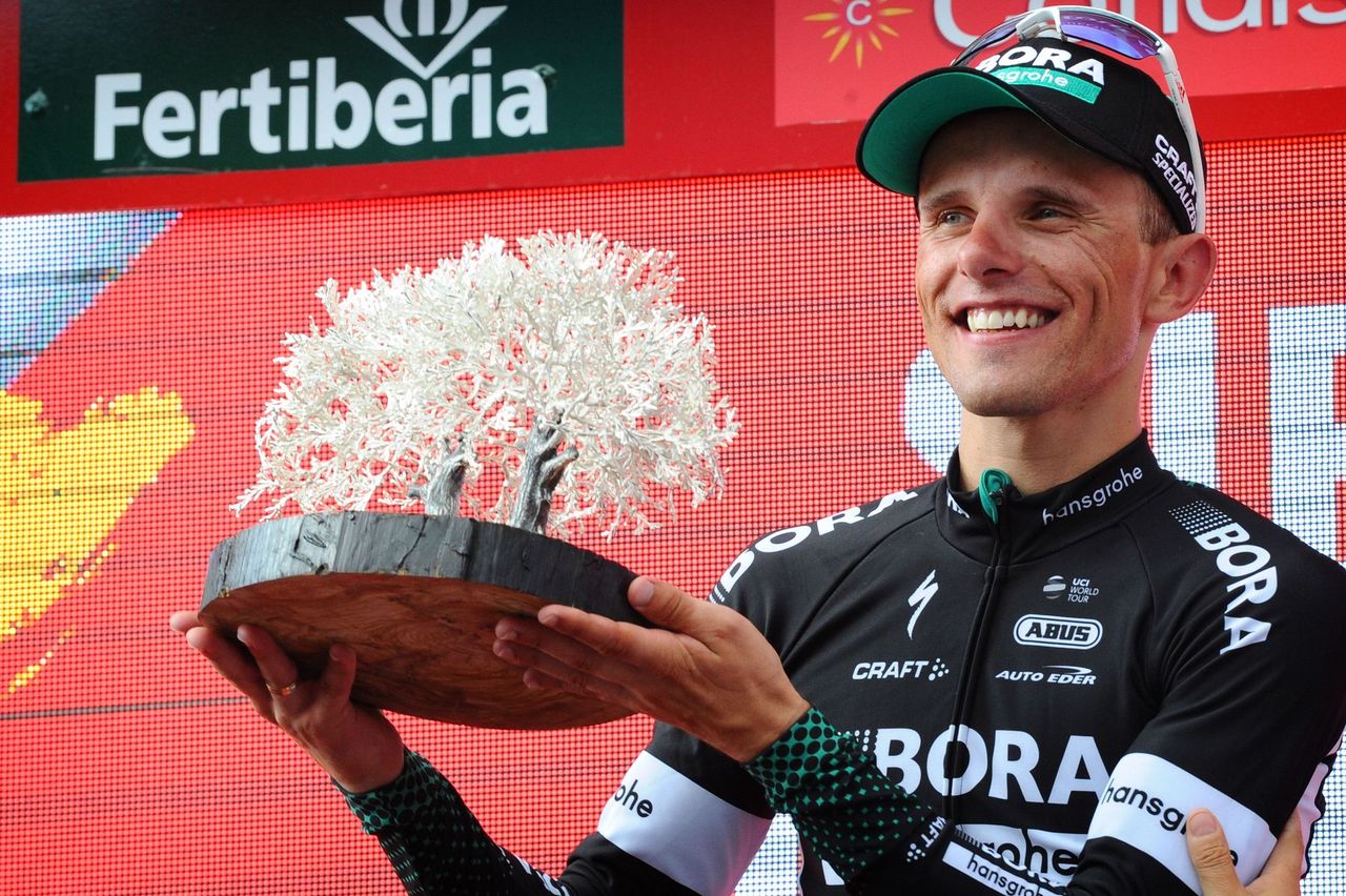 Rafal Majka on the podium after winning stage 14 of the Vuelta a Espa&ntilde;a