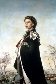 HM Queen Elizabeth II in the famous painting by Annigoni commissioned in 1955. Credit: CAMERA PRESS/Annigoni