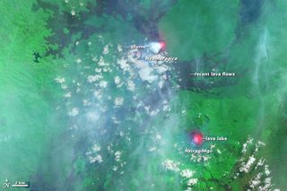 A satellite view of lava lakes and gas plumes from Nyamuragira and Nyiragongo volcanoes.