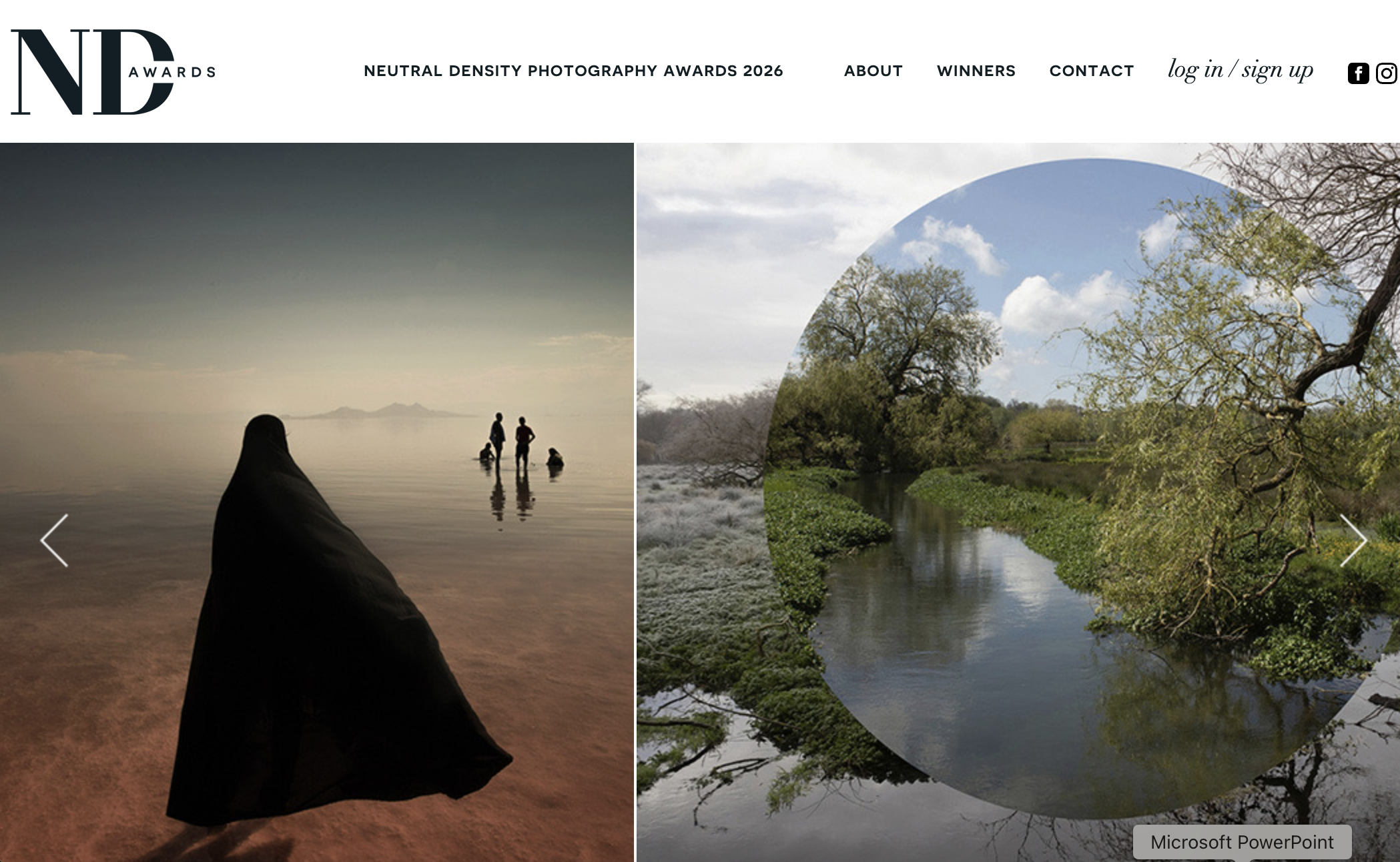 The website for the Neutral Density Photography Awards 2026, showing two contrasting photos side-by-side: on the left, a figure draped in black stands in shallow, pink-toned water; on the right, a circular image of a reflective, tree-lined river.