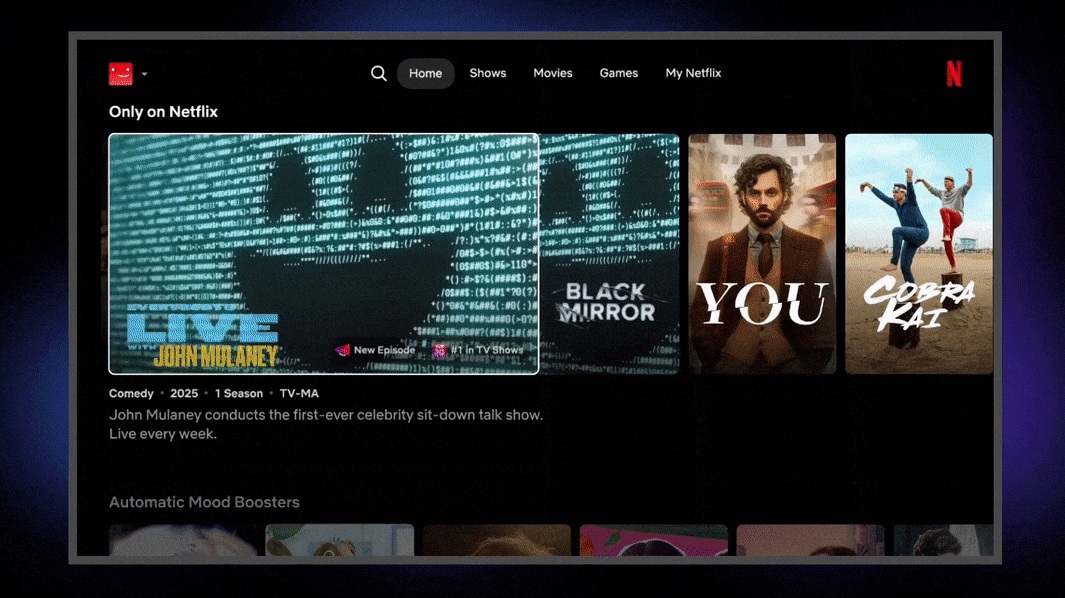 Netflix's new homepage experience on TVs with an expanded show card showing a couple of tags that could help viewers click or skip.