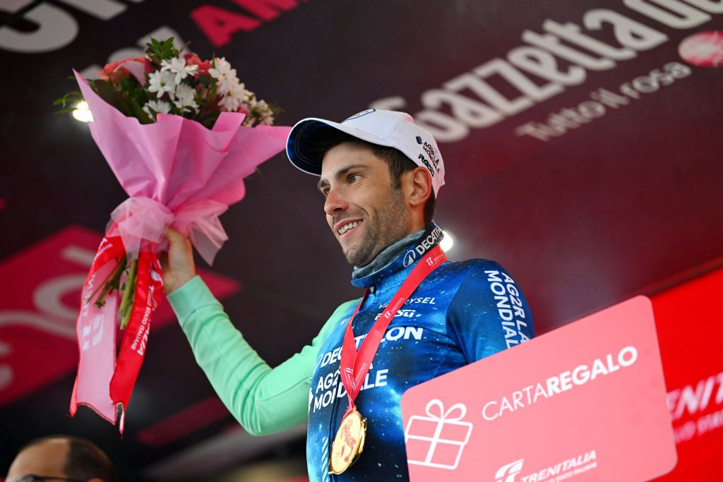 SAPPADA ITALY MAY 24 Andrea Vendrame of Italy and Decathlon AG2R La Mondiale Team celebrates at podium as stage winner during the 107th Giro dItalia 2024 Stage 19 a 157km stage from Mortegliano to Sappada 1236m UCIWT on May 24 2024 in Sappada Italy Photo by Dario BelingheriGetty Images