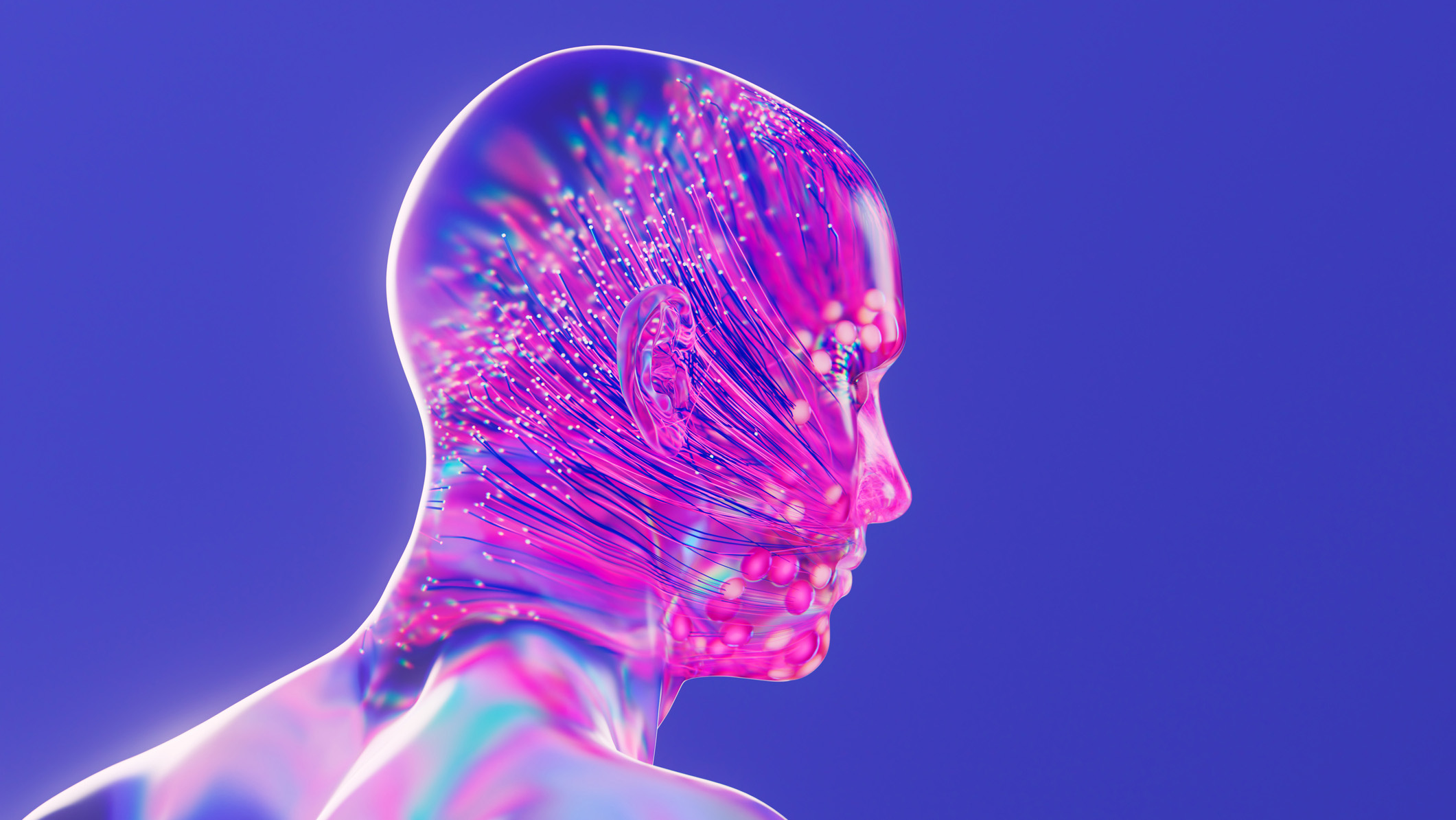 A CGI image of a purple glass statue, with its back three-quarters to the back of the camera to represent an AI assistant. It is set against a solid blue background.
