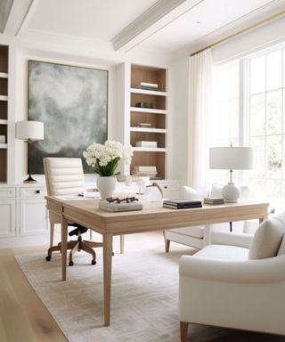 A white home office with a gray wall art print, a wooden bookshelf, a white leather office chair, a light wood desk with flowers and a lamp on, a white rug, and a white armchair