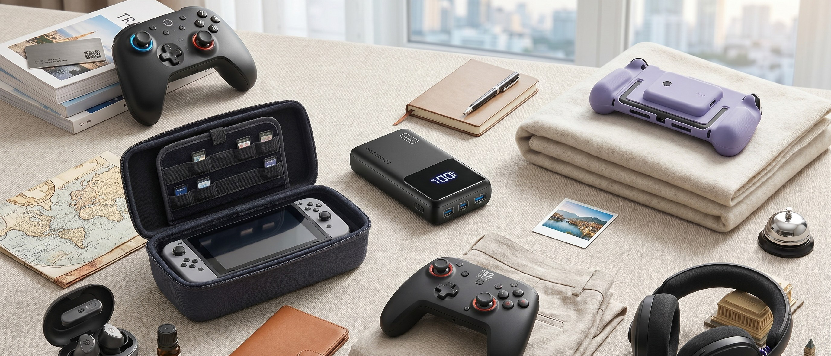 The 8BitDo Ultimate 2, Iniu Power Bank, Belkin Charging Case Pro, SteelSeries Arctis GameBuds, Nacon Protection Case XL for Switch 2, and Turtle Beach Rematch Wireless Controller in a hotel room.