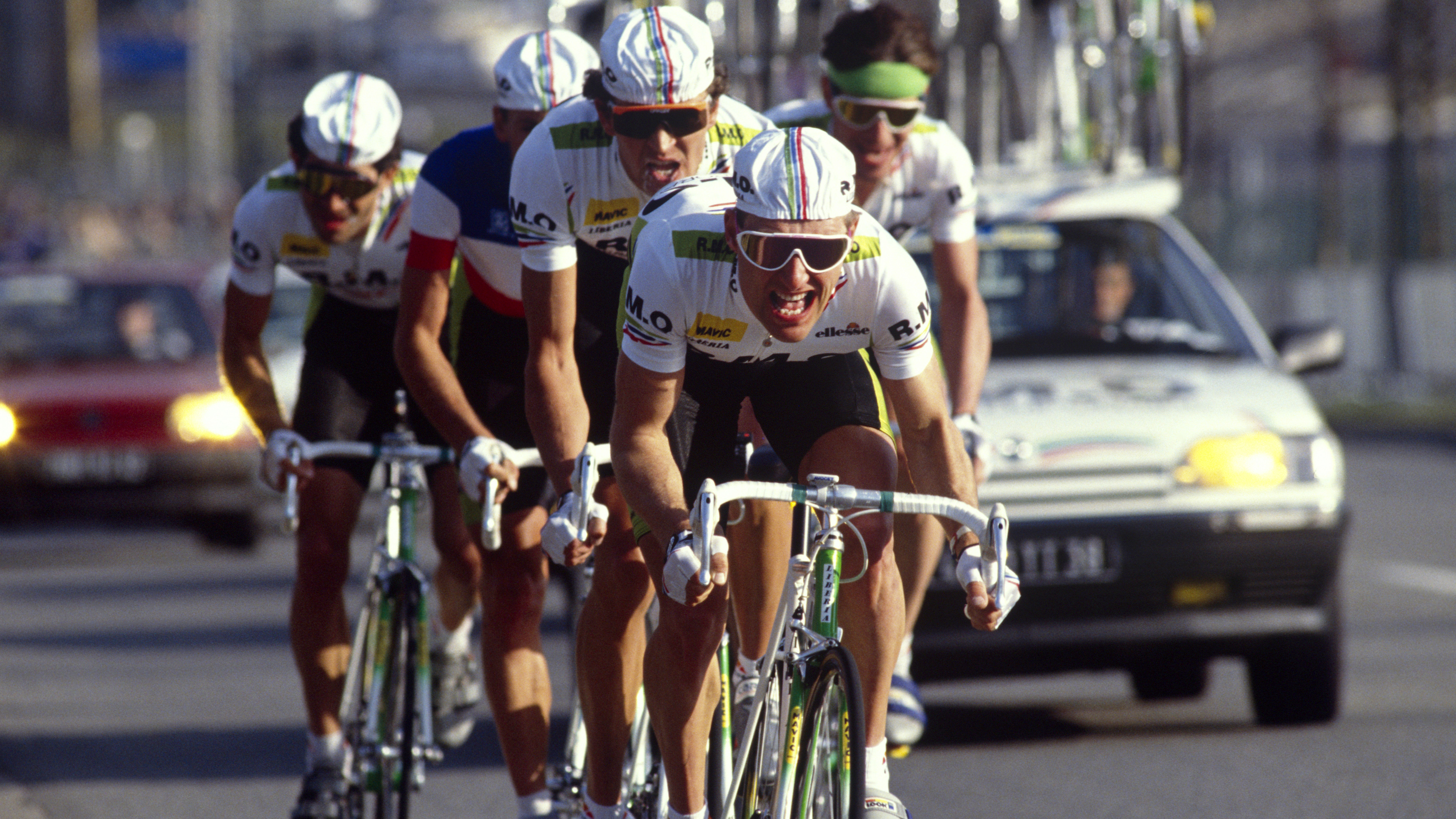 Charly Mottet leads the RMO team on stage three of the 1990 Paris-Nice in Saint-Etienne.