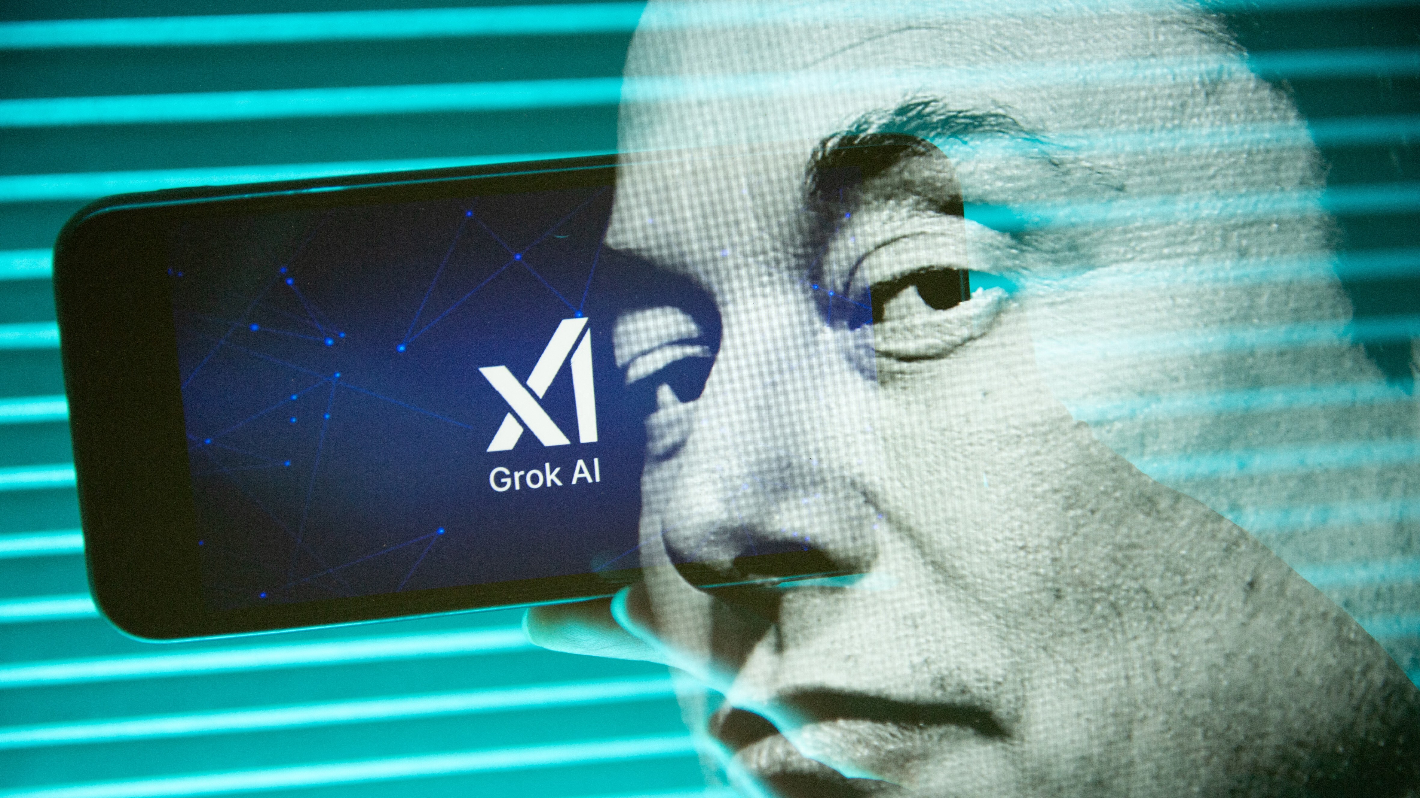 Elon Musk&#039;s face imposed over a phone displaying xAI&#039;s logo. 