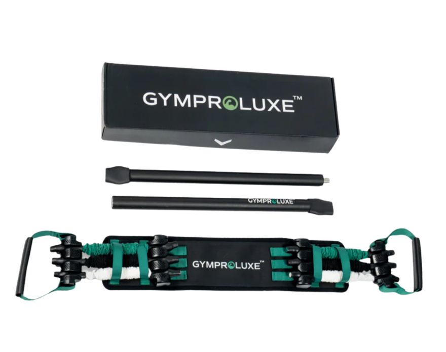 Gymproluxe box, bars and band on a white background