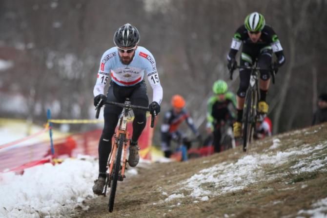 Verge NECX Series leader Dan Timmerman leads Curtis White through a snowy off-camber