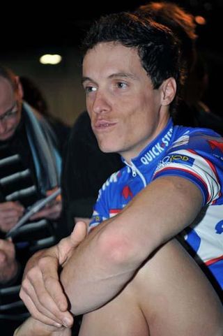 Sylvain Chavanel answers questions from the media.