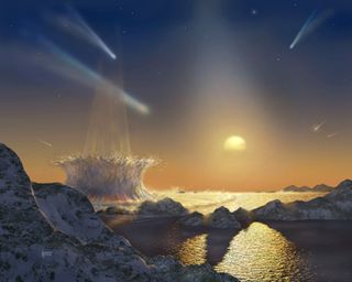 An artist's impression of a planet being sterilized by a continuous bombardment of comets and meteors. A new study shows that such impacts would not have completely sterilized the early Earth