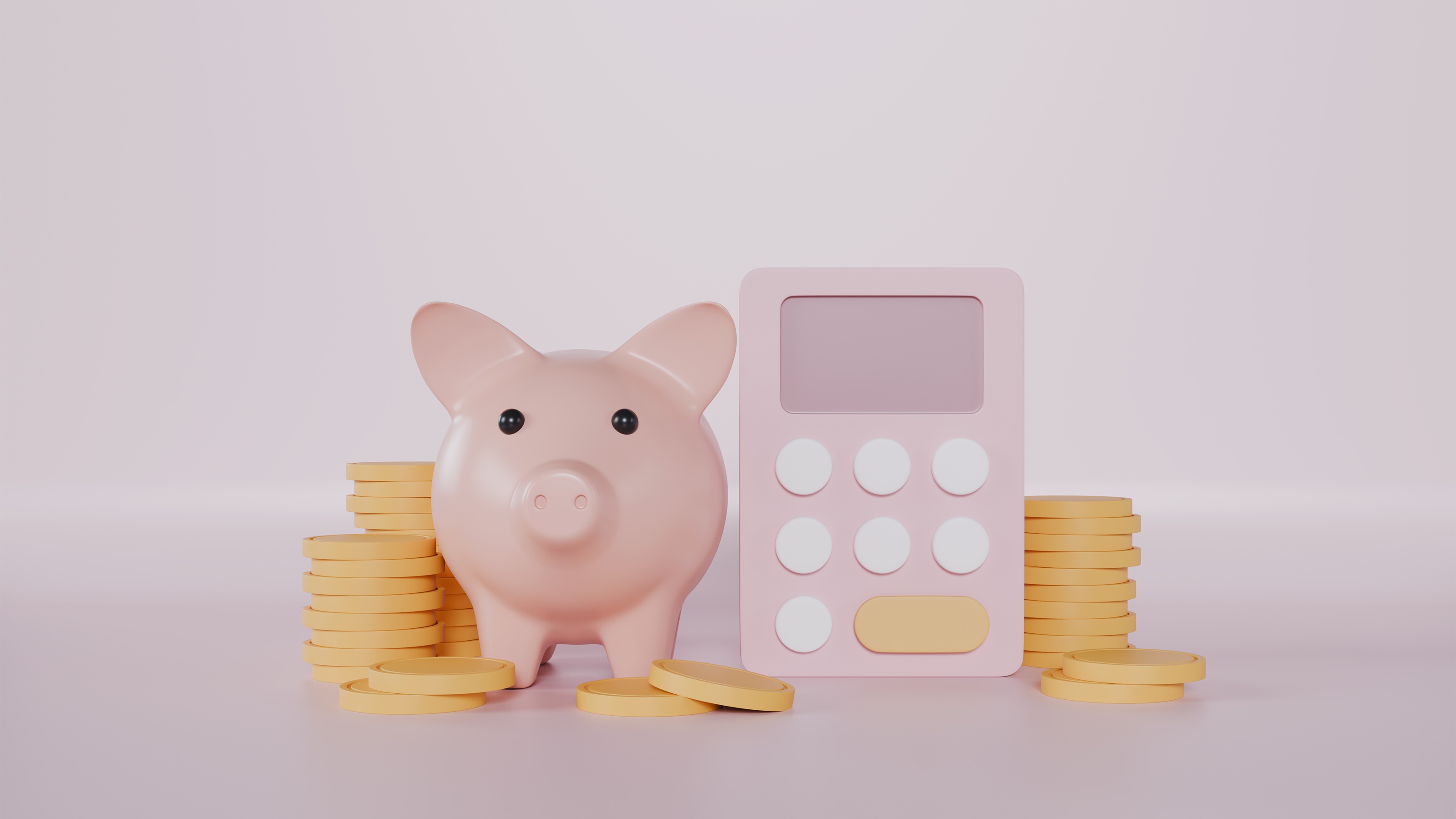 An illustration of a piggy bank with stacks of gold chips and a pink calculator.