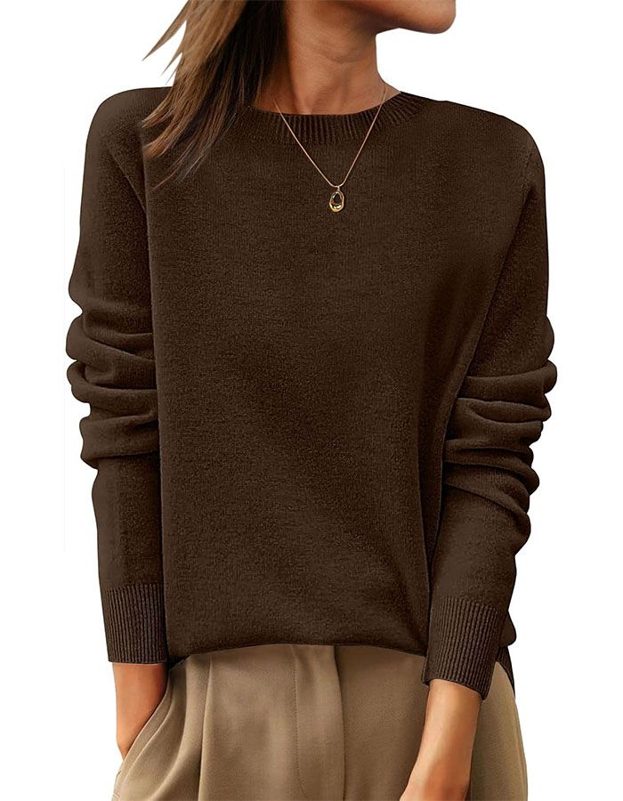 Anrabess Womens 100% Wool Sweaters Crewneck Long Sleeve Work Business Casual Basic Sweater Tops 2025 Fall Outfits Coffee Medium