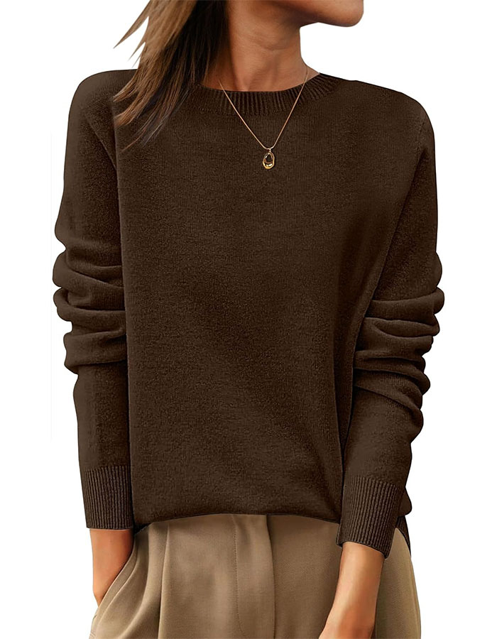 Anrabess Womens 100% Wool Sweaters Crewneck Long Sleeve Work Business Casual Basic Sweater Tops 2025 Fall Outfits Coffee Medium