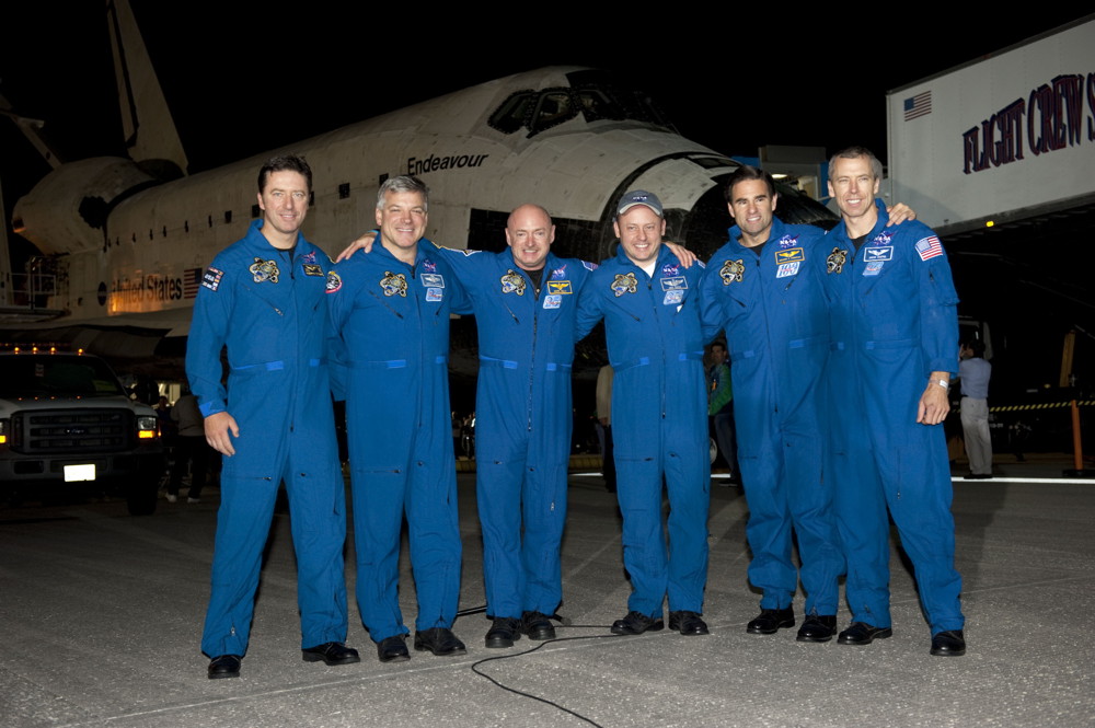 The crew of STS-134 pose for a photo on the Shuttle Landing Facility at NASA&#039;s Kennedy Space Center in Florida following the landing of space shuttle Endeavour. (L to R) European Space Agency&#039;s Roberto Vittori, Pilot Greg H. Johnson, Commander Mark Kelly,