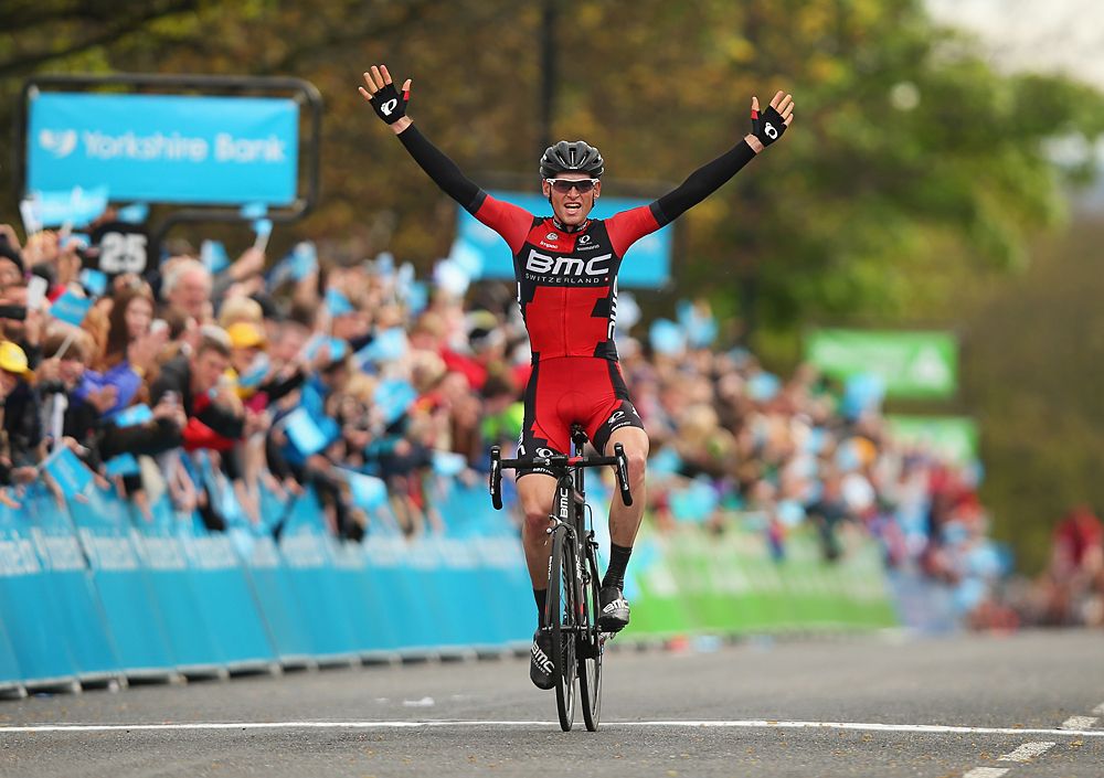 Ben Hermans (BMC) celebrates winning stage 3 of the Tour de Yorkshire from Wakefield to Leeds