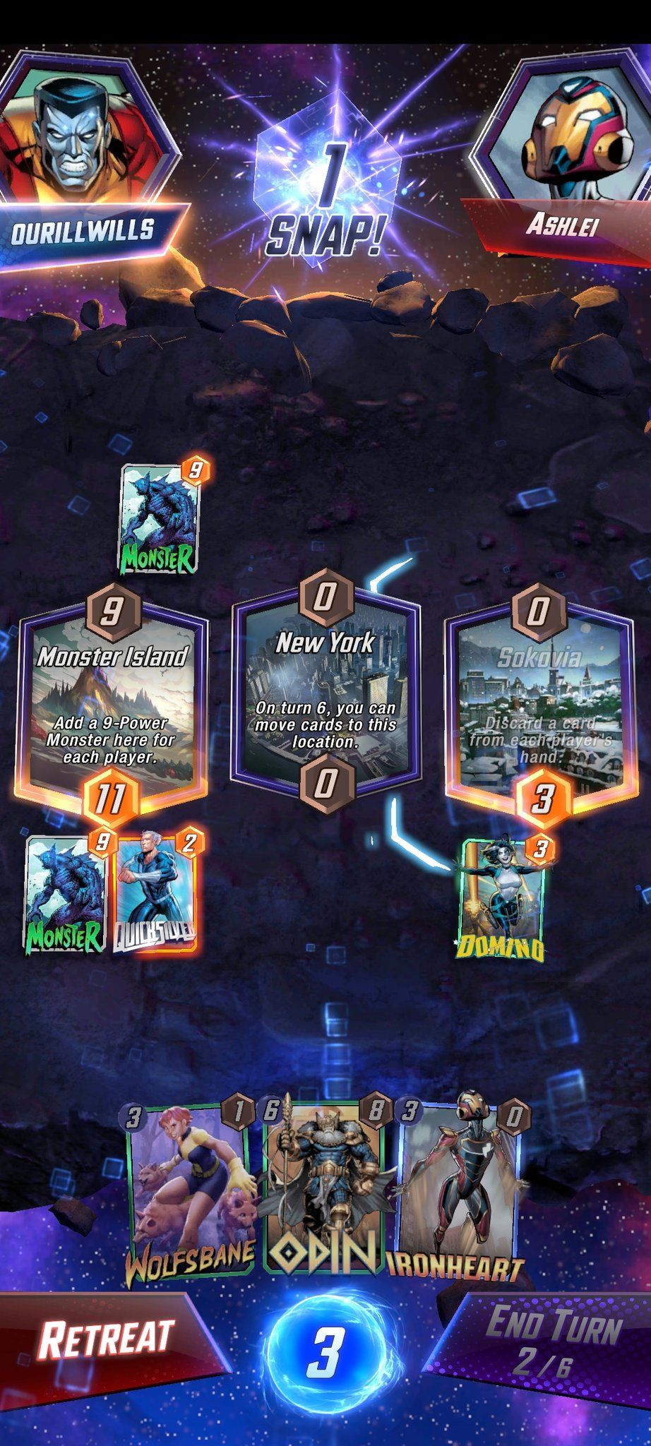 Screenshots from Marvel Snap, a card game by Second Dinner.