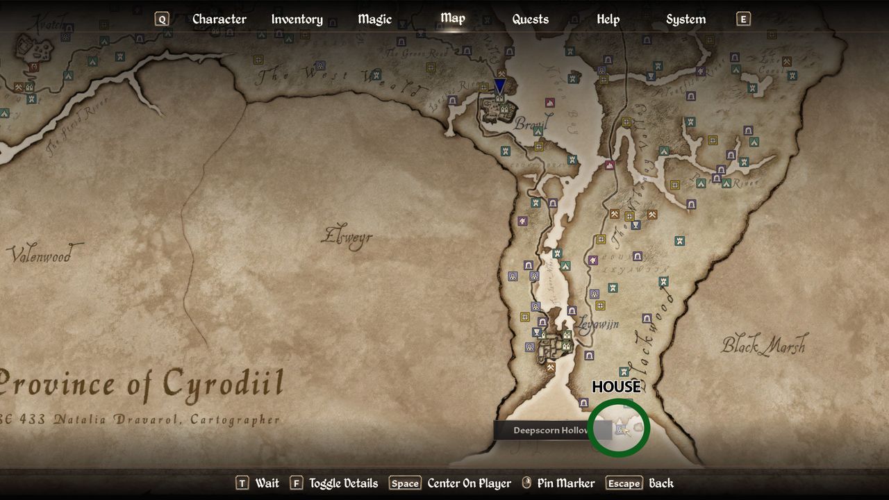 A world map for Oblivion Remastered showing where to find Deepscorn Hollow