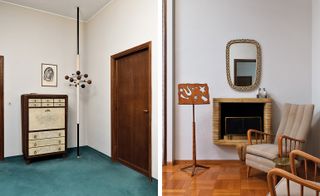 Two side-by-side photos of pieces by Osvaldo Borsani. In the first photo there is the ‘At 16’ coat hanger and a painting by Alberto Tallone in a space with blue flooring, light coloured walls and a dark brown door. In the second photo there are two armchairs by Borsani, a fireplace, mirror and a music stand in a room with wooden flooring and light coloured walls