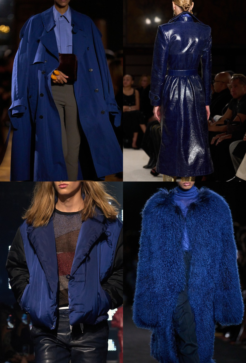 Four images of models from the autumn/winter 2026 runways wearing conbalt blue coats, from tailored coats to leather coats to puffers to fur coats in cobalt