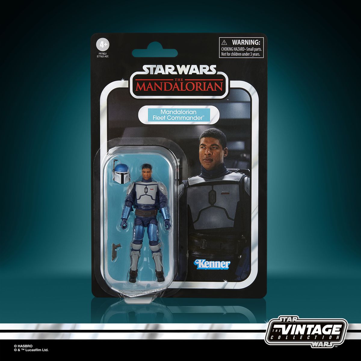 The Mandalorian Fleet Commander action figure on a blue and black background