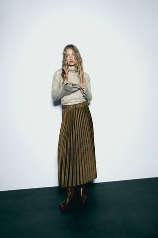 PLEATED FAUX SUEDE MIDI SKIRT