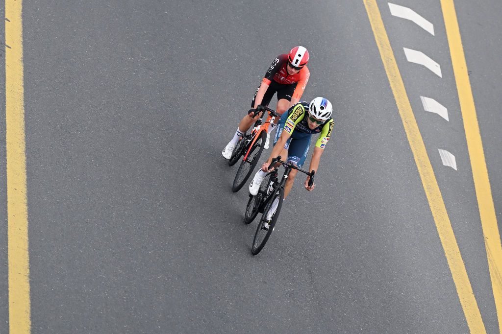 QIDFA, UNITED ARAB EMIRATES - FEBRUARY 20: A general view of Michael Shea Leonard of Canada and Team INEOS Grenadiers and Djordje Djuric of Serbia and Team Solution Tech Vini Fantini compete in the breakaway during the 7th UAE Tour 2025, Stage 4 a 181km stage from Fujairah Qidfa Beach to Umm al Quwain / #UCIWWT / on February 20, 2025 in Fujairah Qidfa Beach, United Arab Emirates. (Photo by Dario Belingheri/Getty Images)