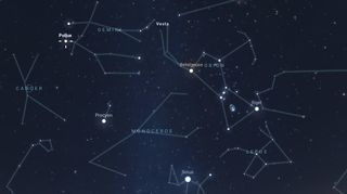 map of night sky showing the location of the star Pollux.