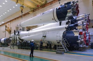 GK Launch Services' new white and blue livery for Russia's Soyuz 2 rocket was inspired by the frost-covered Vostok booster that lifted off with the first human to fly to space 60 years ago.