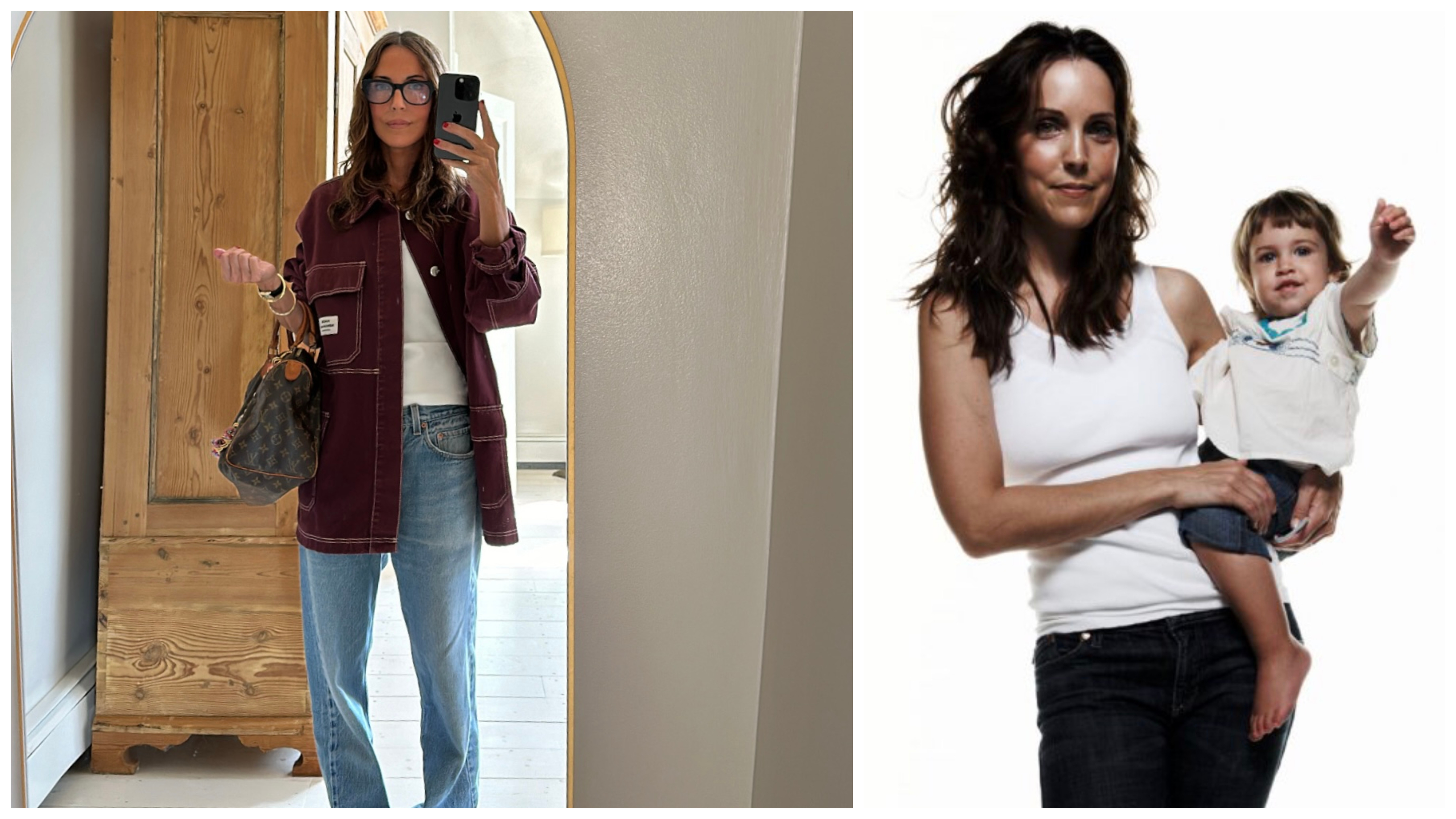A side by side of two images of Larissa Mills wearing white tank tops and blue jeans outfit