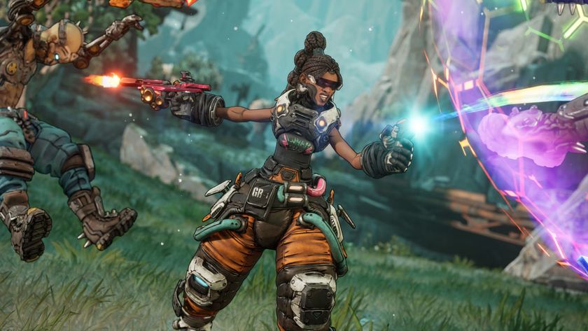 Borderlands 4 Harlowe builds: Harlowe looking at an enemy she&#039;s grabbed in a chromatic bubble, while firing at another bandit who&#039;s approaching from behind, blasting him backwards.