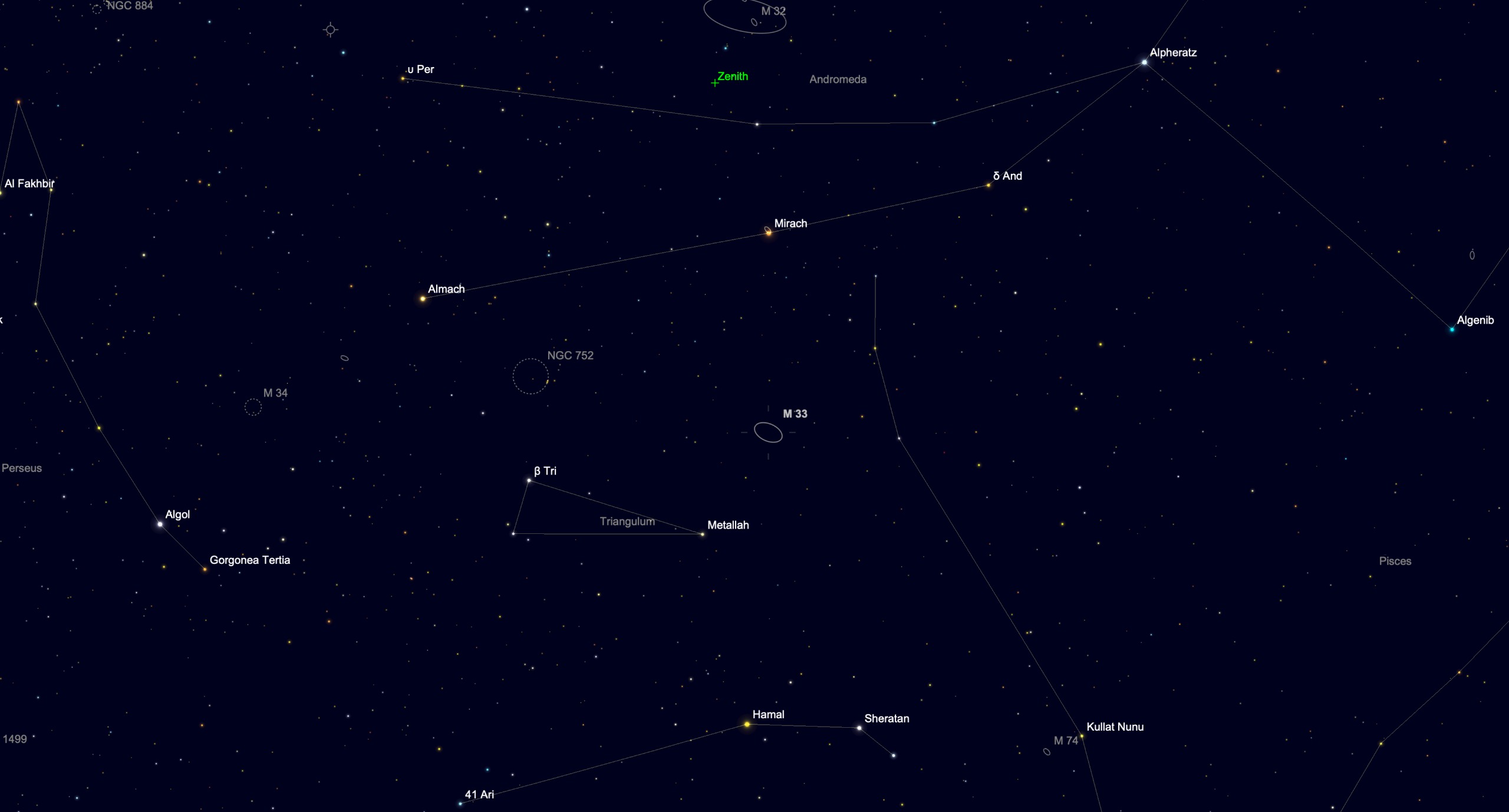 Star chart showing the location of the Triangulum Galaxy (M33) in Triangulum, between the constellations Andromeda and Pisces.