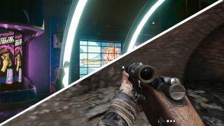 Motion blur and lens flare in two games split diagonally.