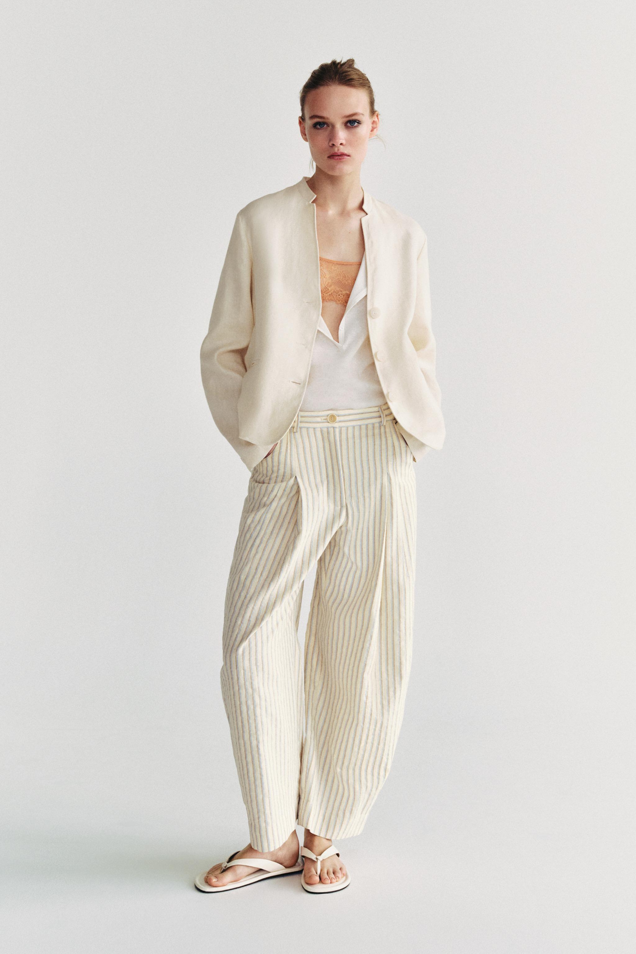 Zw Collection Striped Barrel Trousers - Ecru - Xs