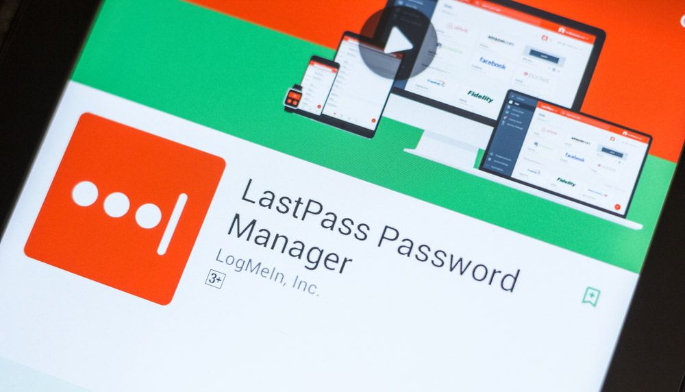 The Google Play app store page for the LastPass password manager on the screen of an Android phone.