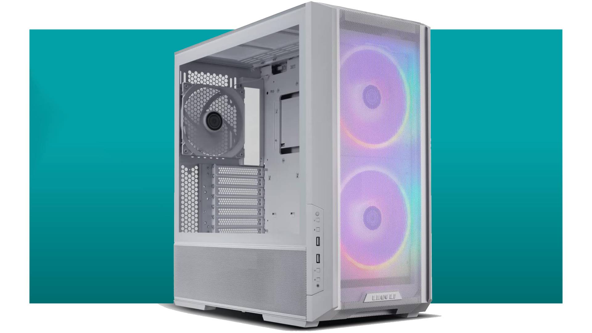 The white RGB version of the Lian Li Lancool 216 PC case floats in the teal-gradient PC Gamer deal void.
