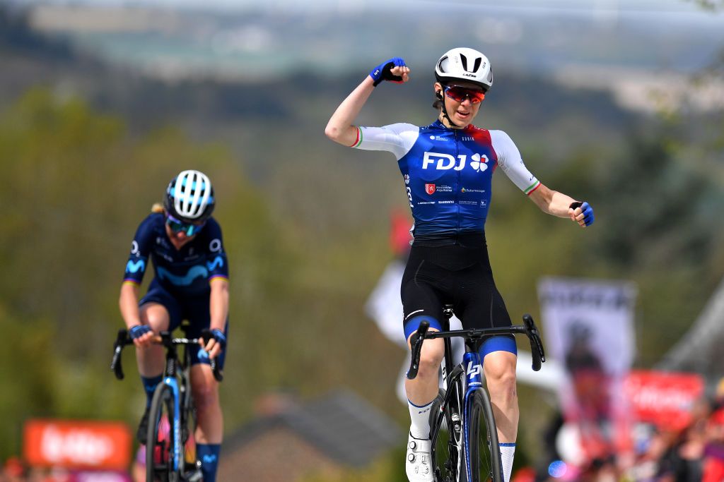 HUY BELGIUM APRIL 20 Marta Cavalli of Italy and Team FDJ Nouvelle Aquitaine Futuroscope celebrates winning ahead of Annemiek Van Vleuten of Netherlands and Movistar Team during the 25th La Flche Wallonne 2022 Womens Elite a 1334km one day race from Huy to Mur de Huy FlecheWallonne FWwomen on April 20 2022 in Huy Belgium Photo by Luc ClaessenGetty Images
