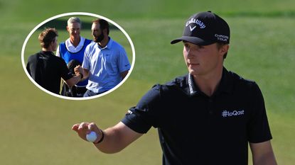Blades Brown acknowledges the crowd at a PGA Tour event and an inset of him shaking hands with Scottie Scheffler