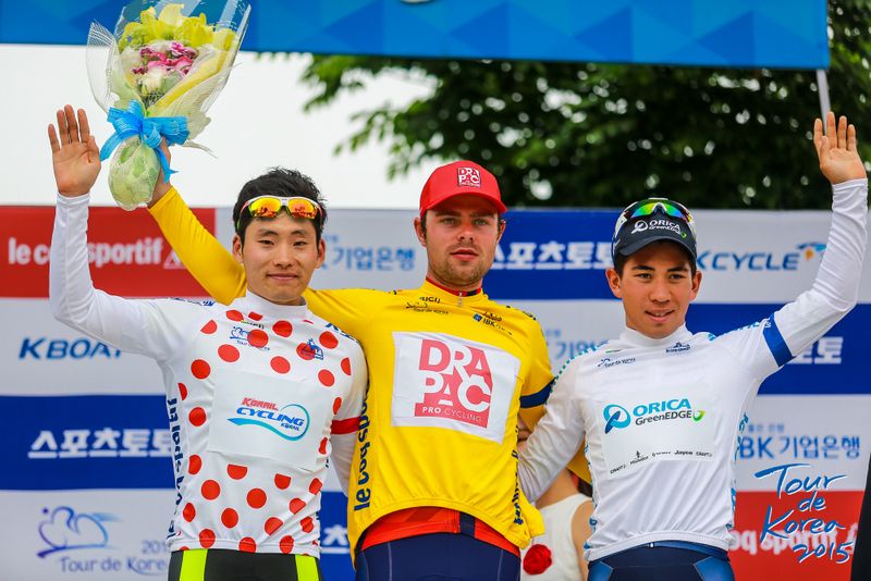 The three jersey wearers on the podium
