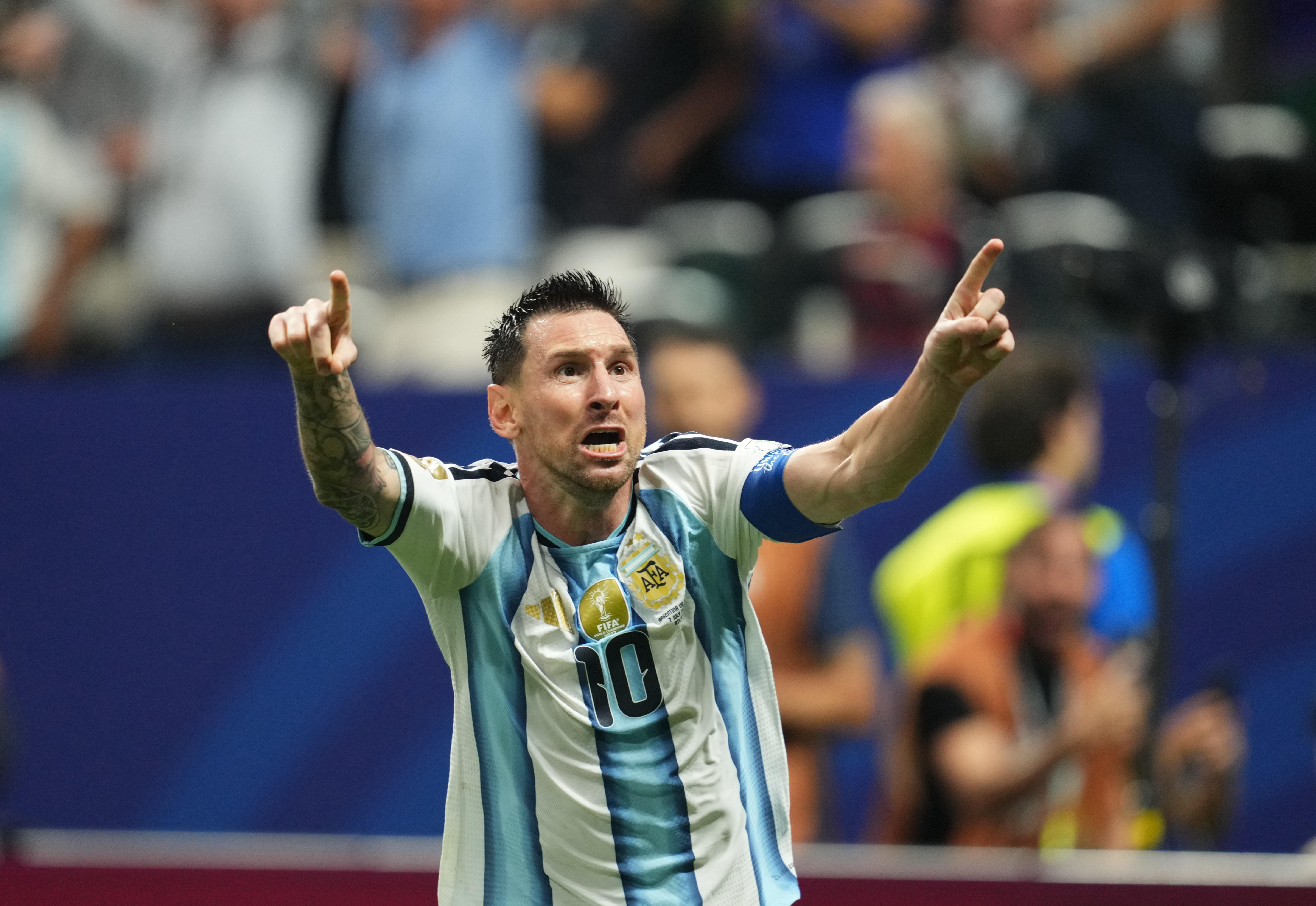 Egypt vs Argentina: Lionel Messi celebrates his team's second goal during Round of 16 FIFA World Cup 2026. (Photo by Ulrik Pedersen/NurPhoto via Getty Images)