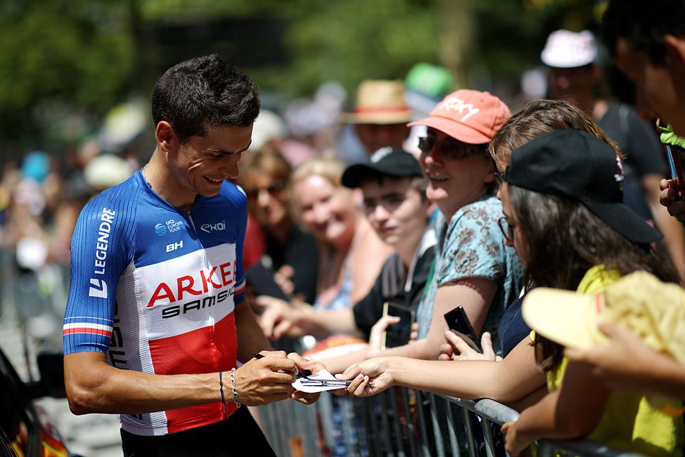 Warren Barguil, French Champion, signing autographs before the stage 11 start at the Tour de France