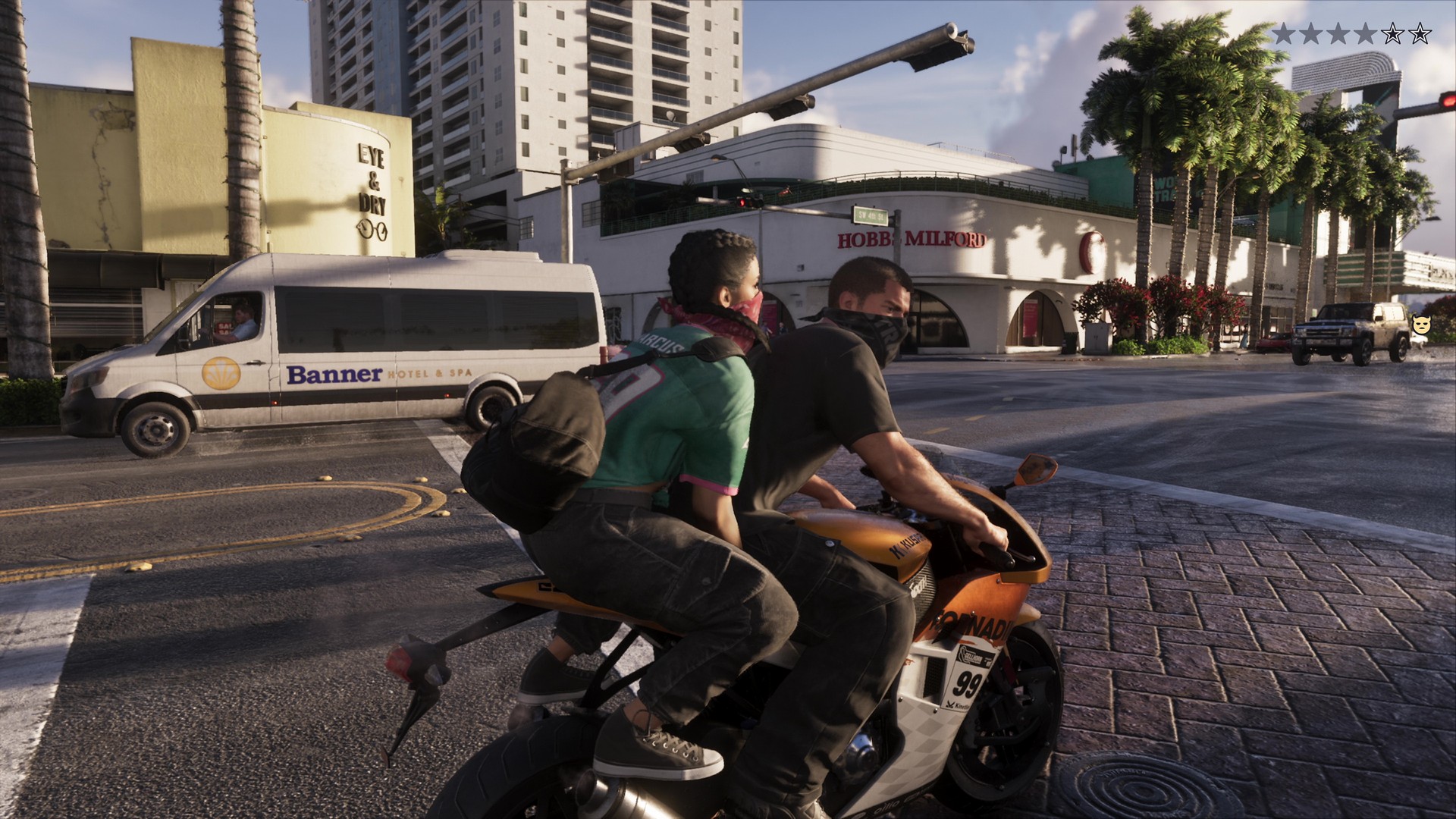 Lucia sits on the back of Jason's motorbike with a bag slung over her, from the GTA 6 extended look