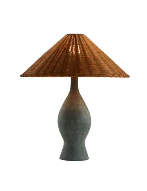Courbe Green Ceramic Table Lamp with Rattan Shade by Athena Calderone 24.2"