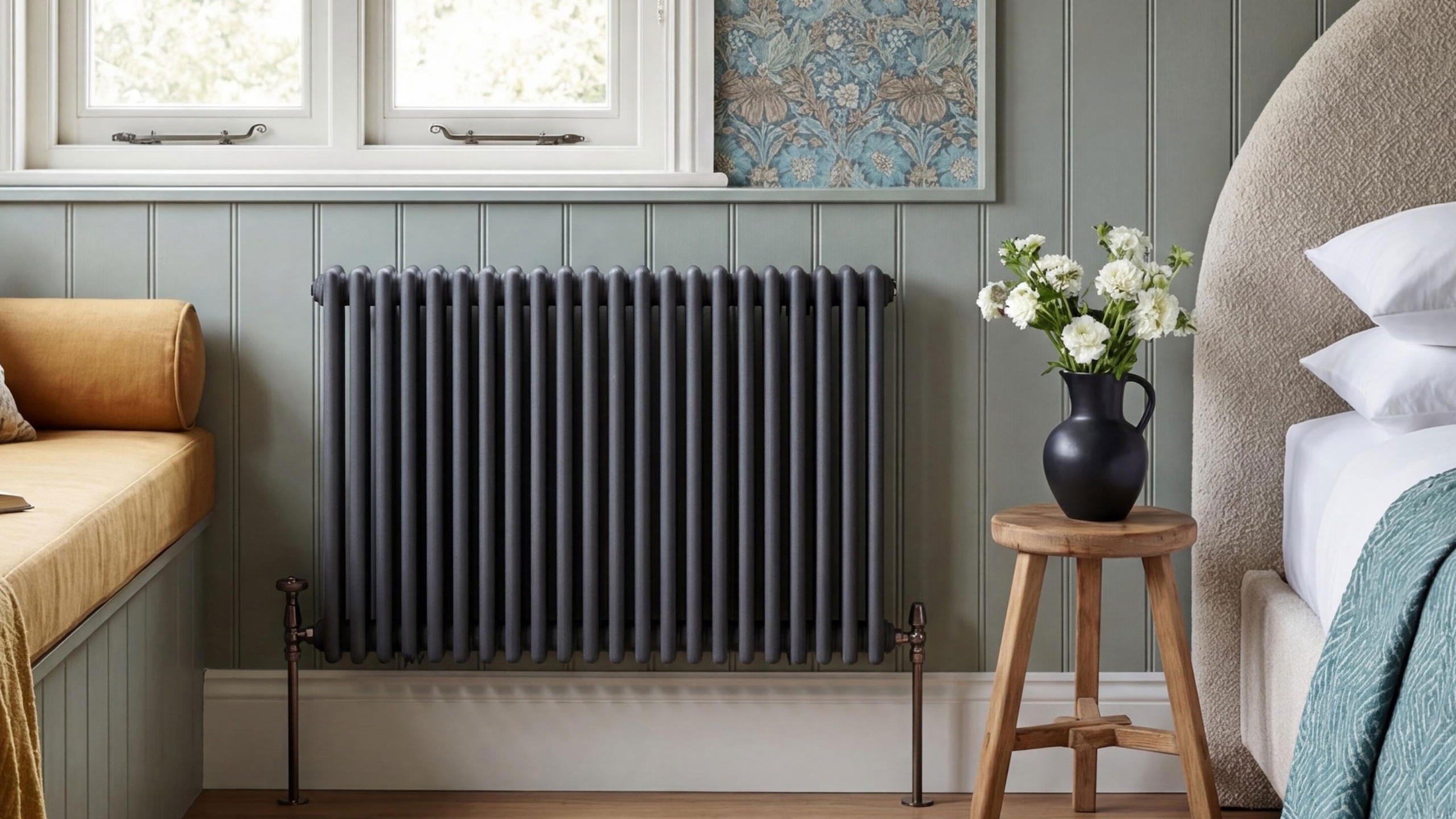 grey column radiator in bedroom with half wall panelling