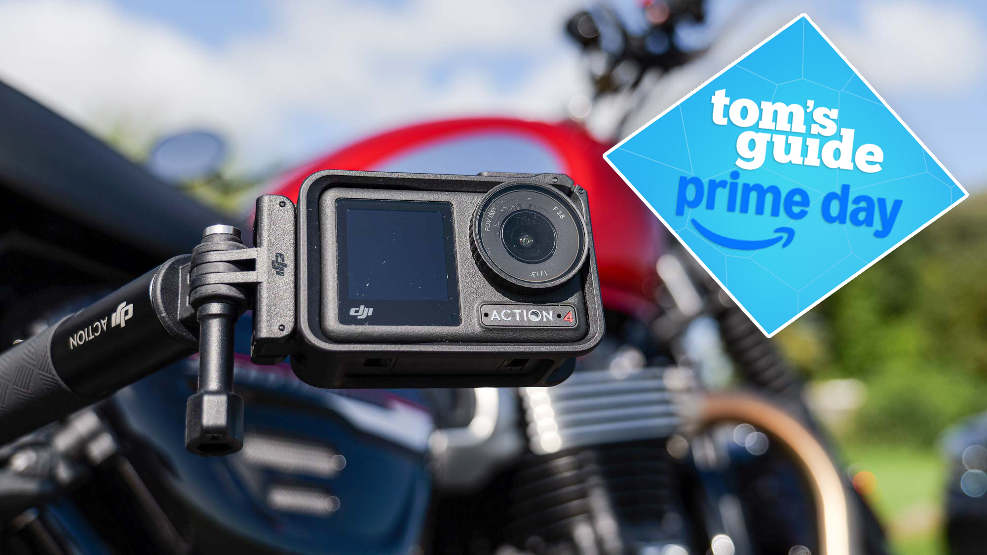 DJI Osmo Action 4 attached to a motorcycle in the background, with a Tom's Guide Prime Day badge in the top right
