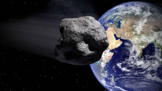 rock in front of photo of earth