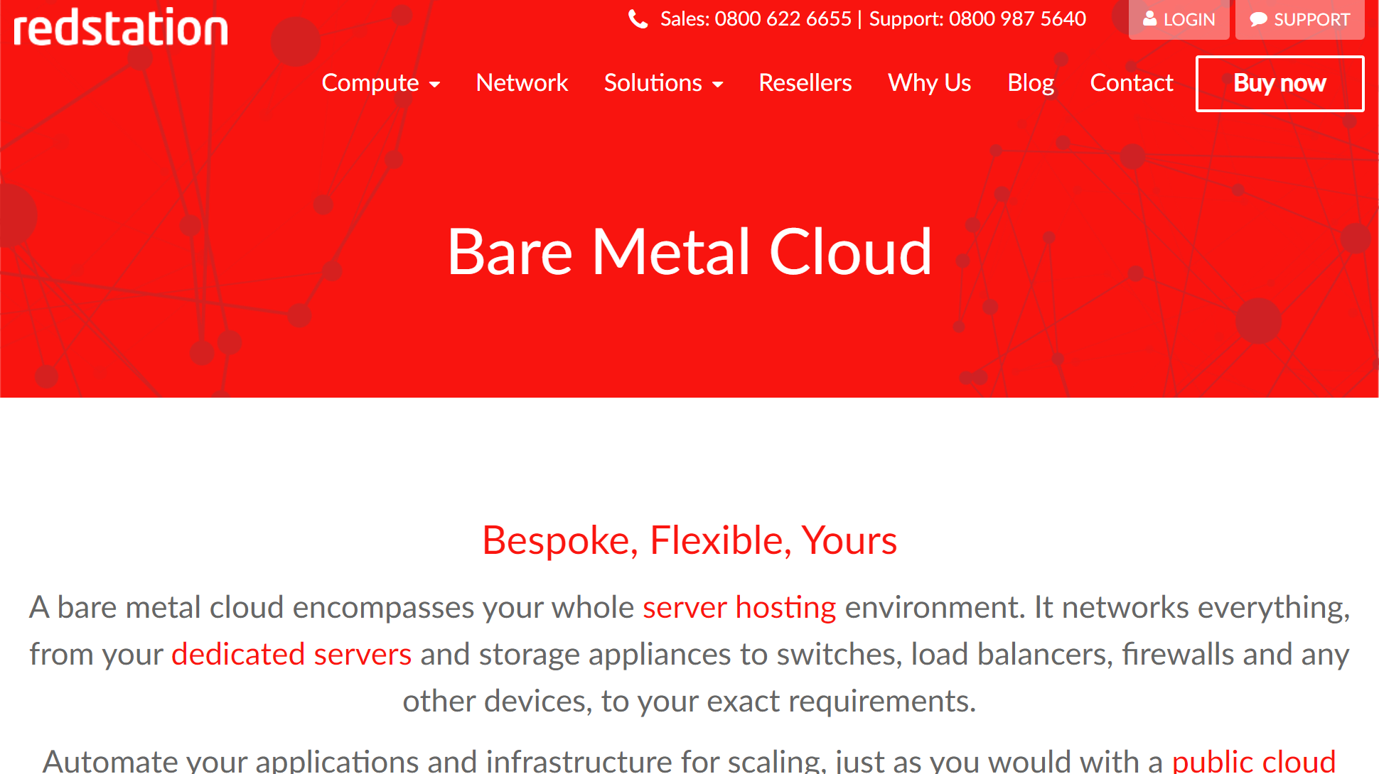 Website screenshot for Redstation Bare Metal Cloud