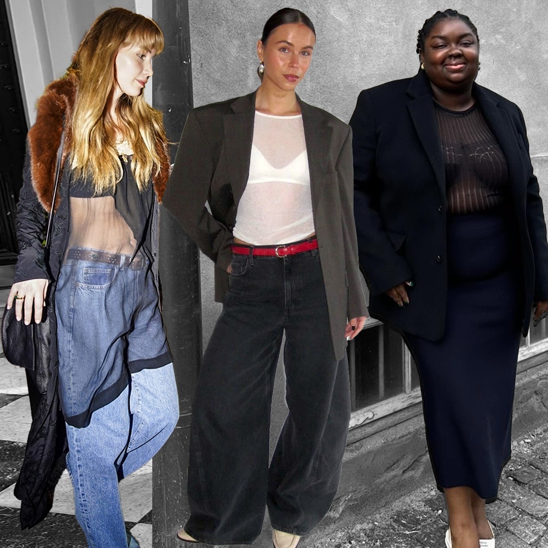 fashion collage featuring influencers and celebrities including Abisola Omole, Jennifer Lawrence, and Johanna Lager wearing the sheer outfit trend for 2026
