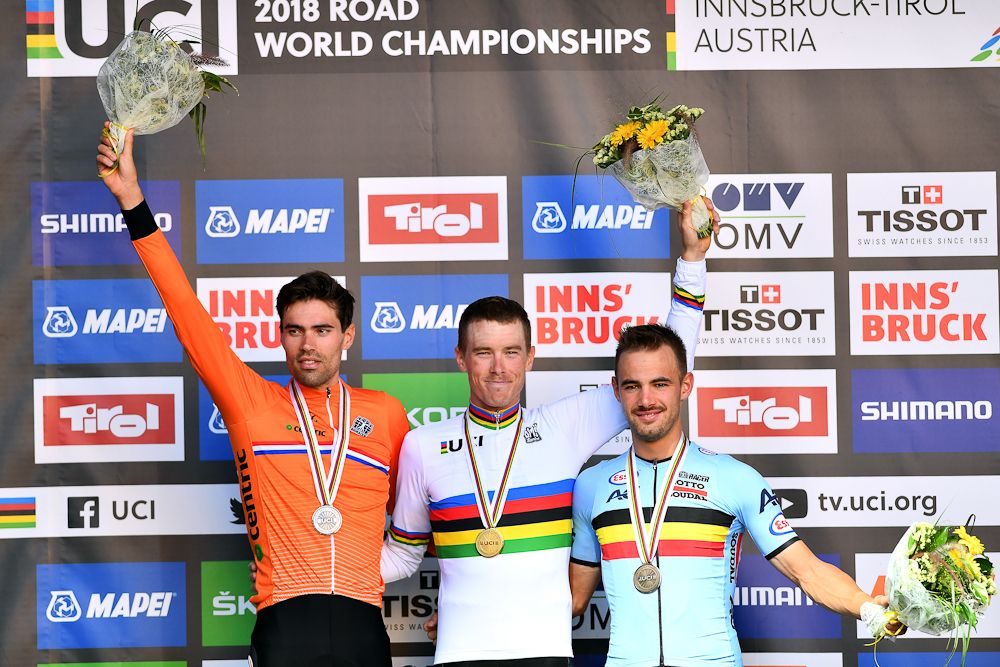 The 2018 UCI Road World championships time trial podium: Tom Dumoulin, Rohan Dennis and Victor Campenaerts